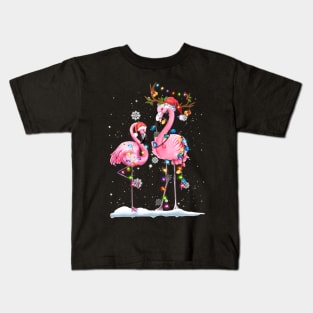 Christmas Flamingo Santa Hat Xmas Lights Flamingo Loves Kids T-Shirt